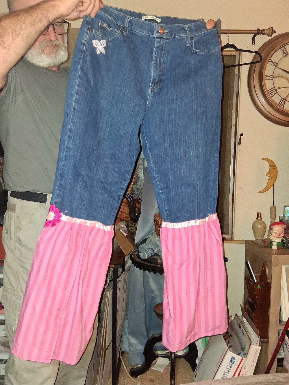 Lee Denim Flare Jeans with Pink Striped Ruffle Panels